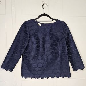 Anne Klein Navy Hexagon Pattern Embroidered Top Round Neck Long Sleeve Sz 2 NWT